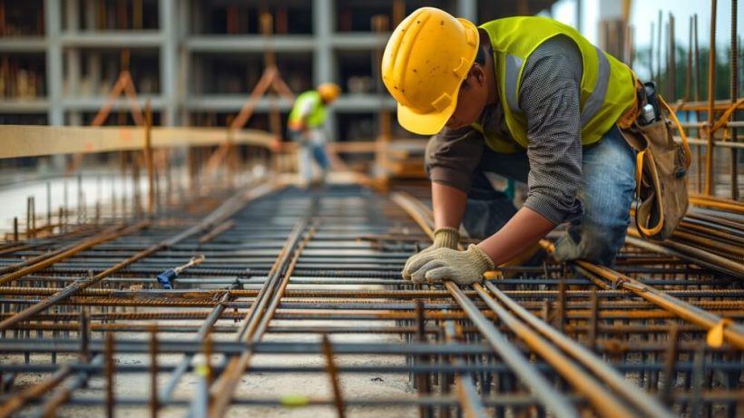 construction worker wearing a yellow hardhat working on pipes